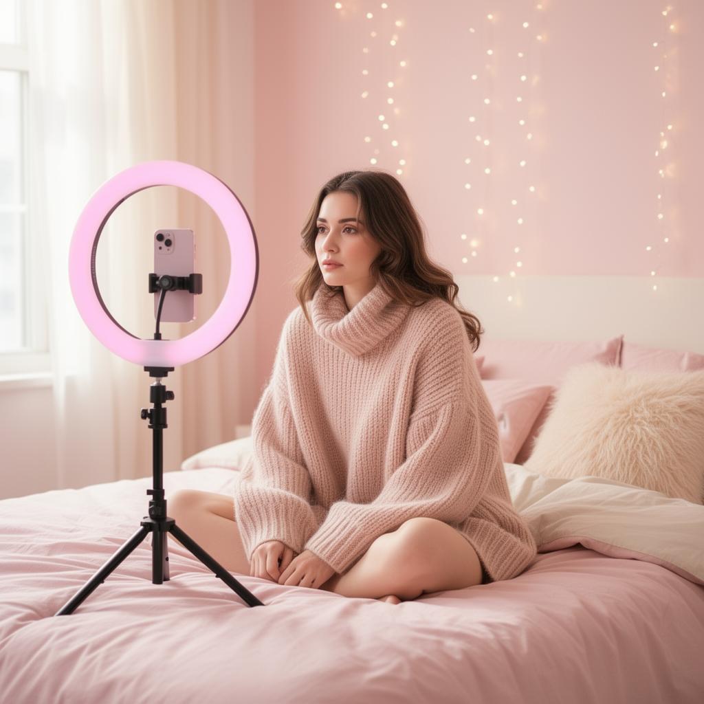 Young woman going live on TikTok with a ring light